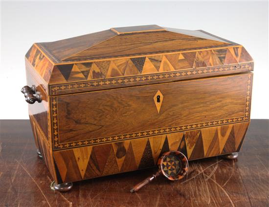 An early 19th century Tunbridgeware rosewood sarcophagus shape tea caddy, 12in.